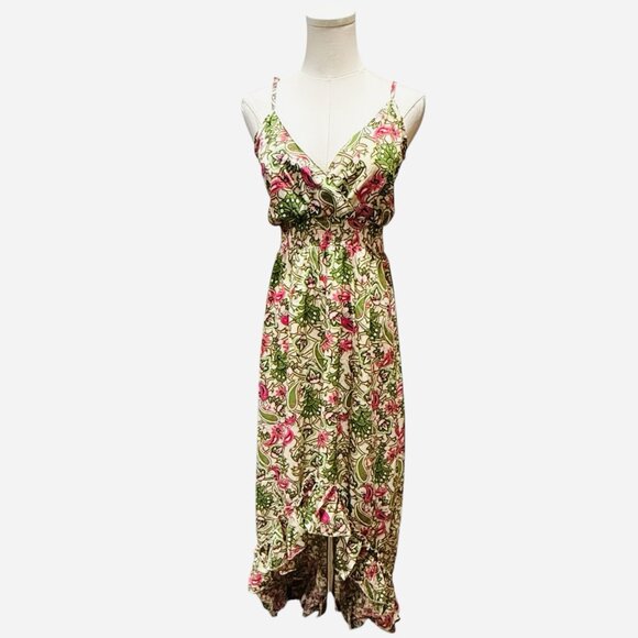 Shore Drive Womens Size Large Boho Floral Hi Low Green Pink Maxi Dress Festival - Picture 2 of 10